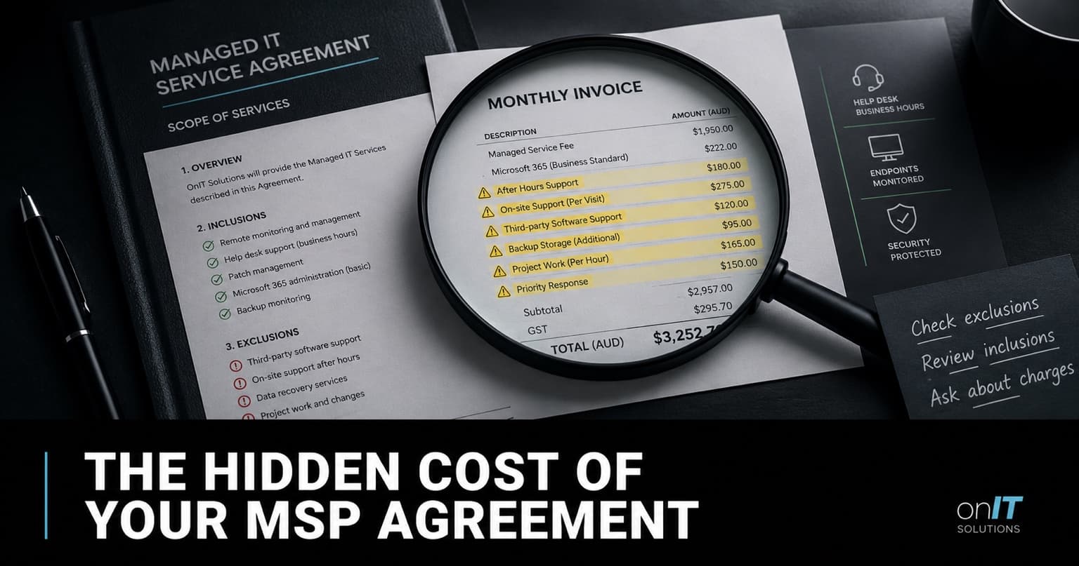 Managed IT service agreement and invoice showing hidden MSP costs