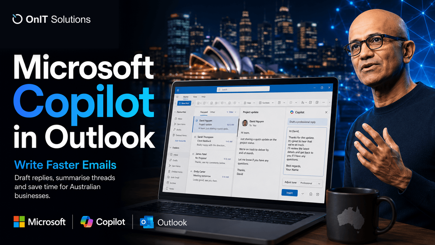Microsoft Outlook email compose workspace with AI writing assistant