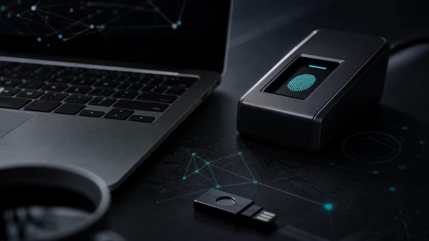 Secure laptop, hardware key and fingerprint scanner on graphite surfaces