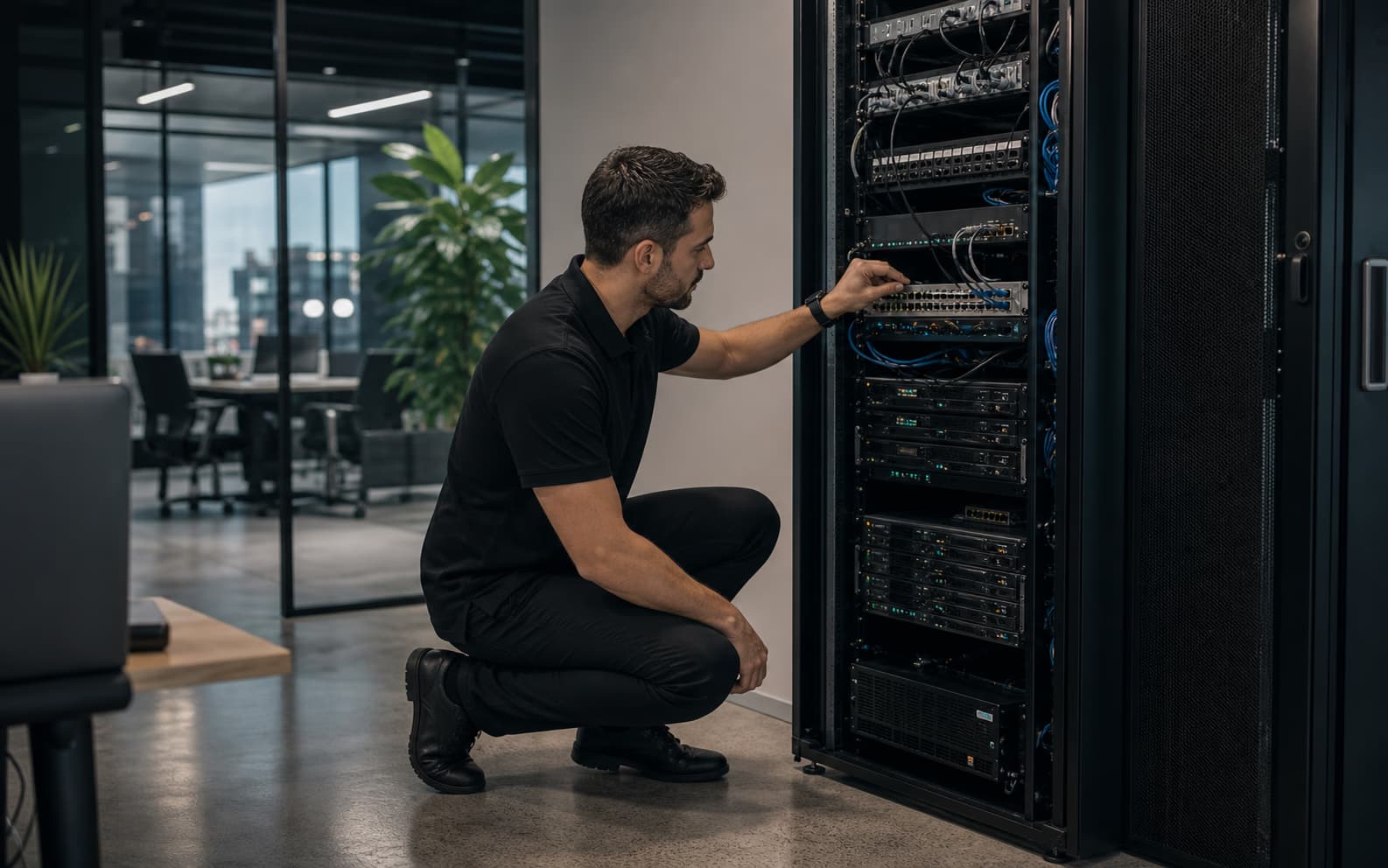 IT technician working beside a visible server rack with network switches and patch panels