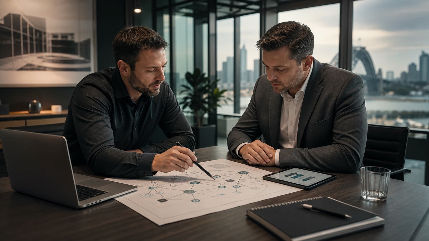 IT engineer and business owner reviewing an audit plan at a conference table
