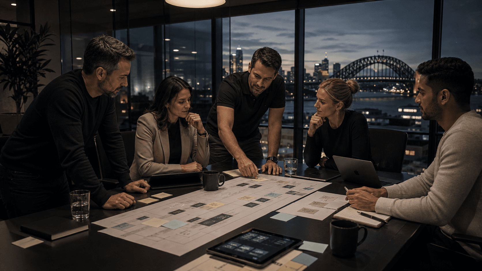 OnIT Solutions team planning a publishing workflow in a Sydney office at night