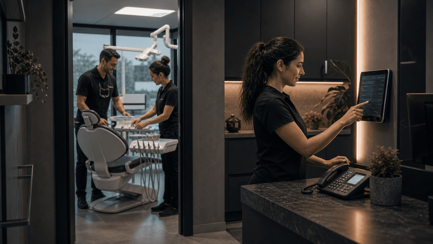 Dental receptionist using AI voice assistant to manage high call volumes in Sydney