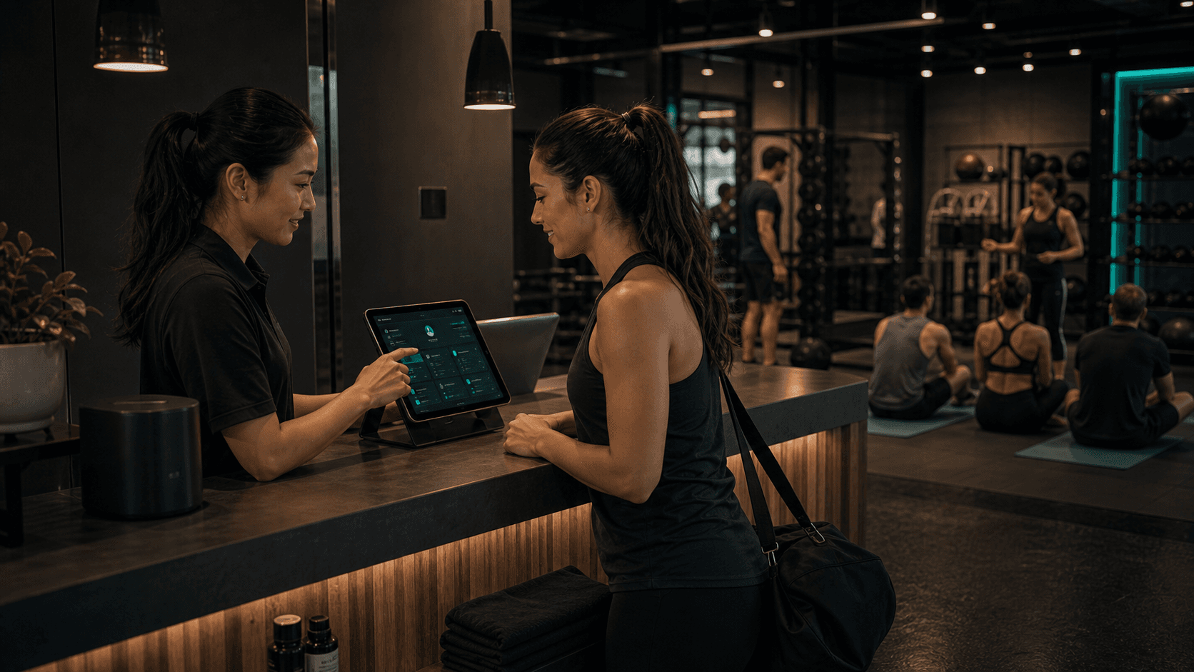 Gym reception desk with automated booking and member management system