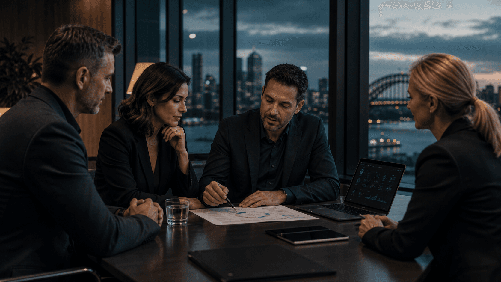 OnIT Solutions team meeting with Sydney business clients, reviewing cloud strategy with Harbour Bridge in background