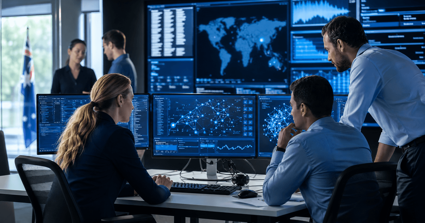 OnIT Solutions cybersecurity team in operations room monitoring security dashboards