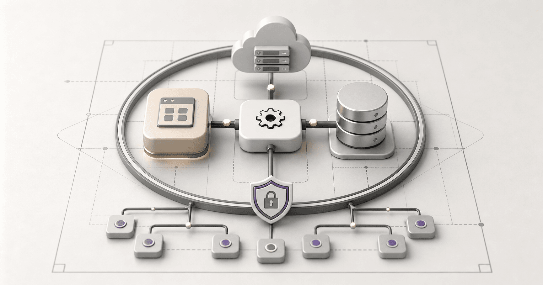 System architecture blueprint dashboard with connected services and databases