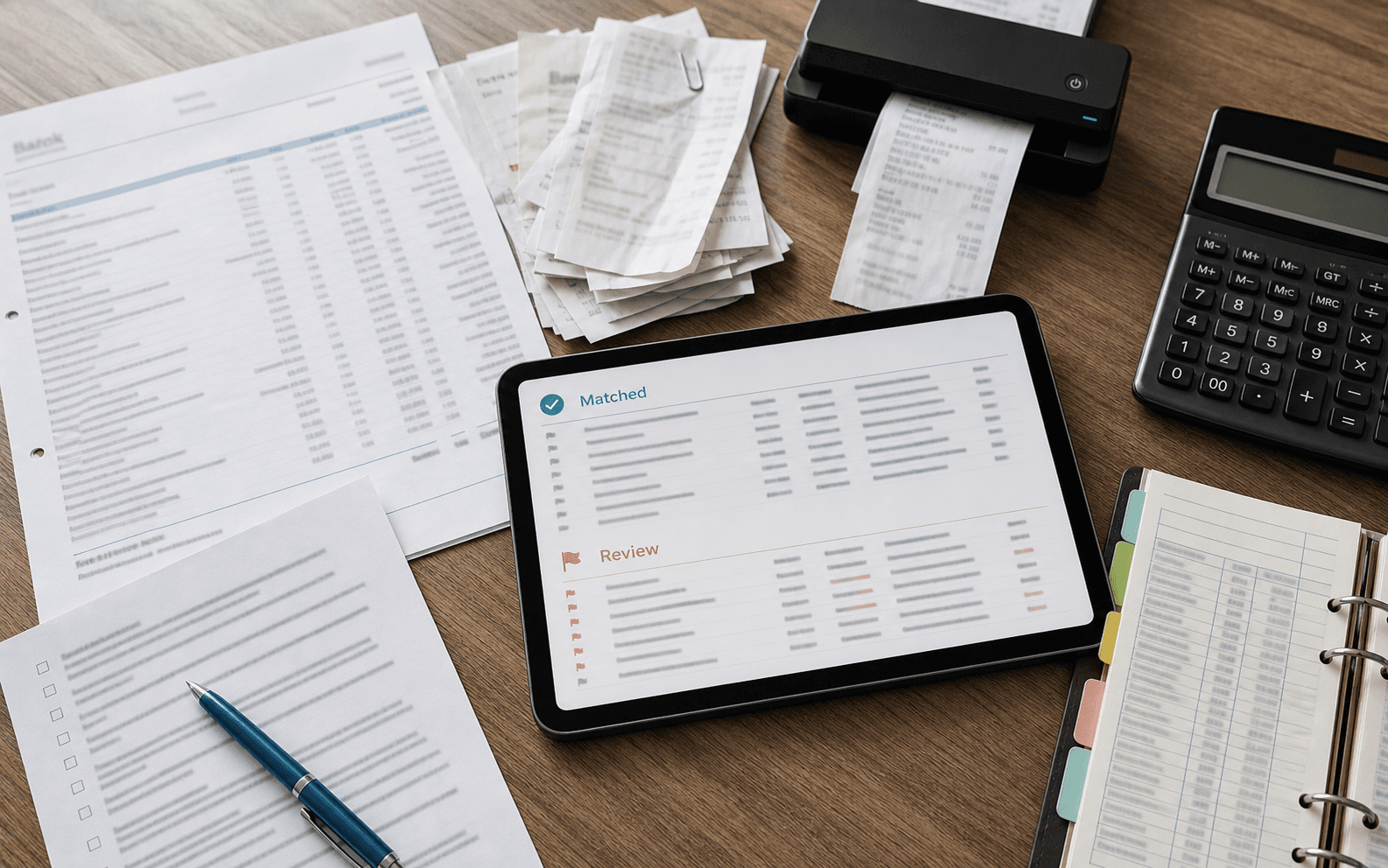 Accounting reconciliation desk with receipts, bank statement, scanner and matched transaction review