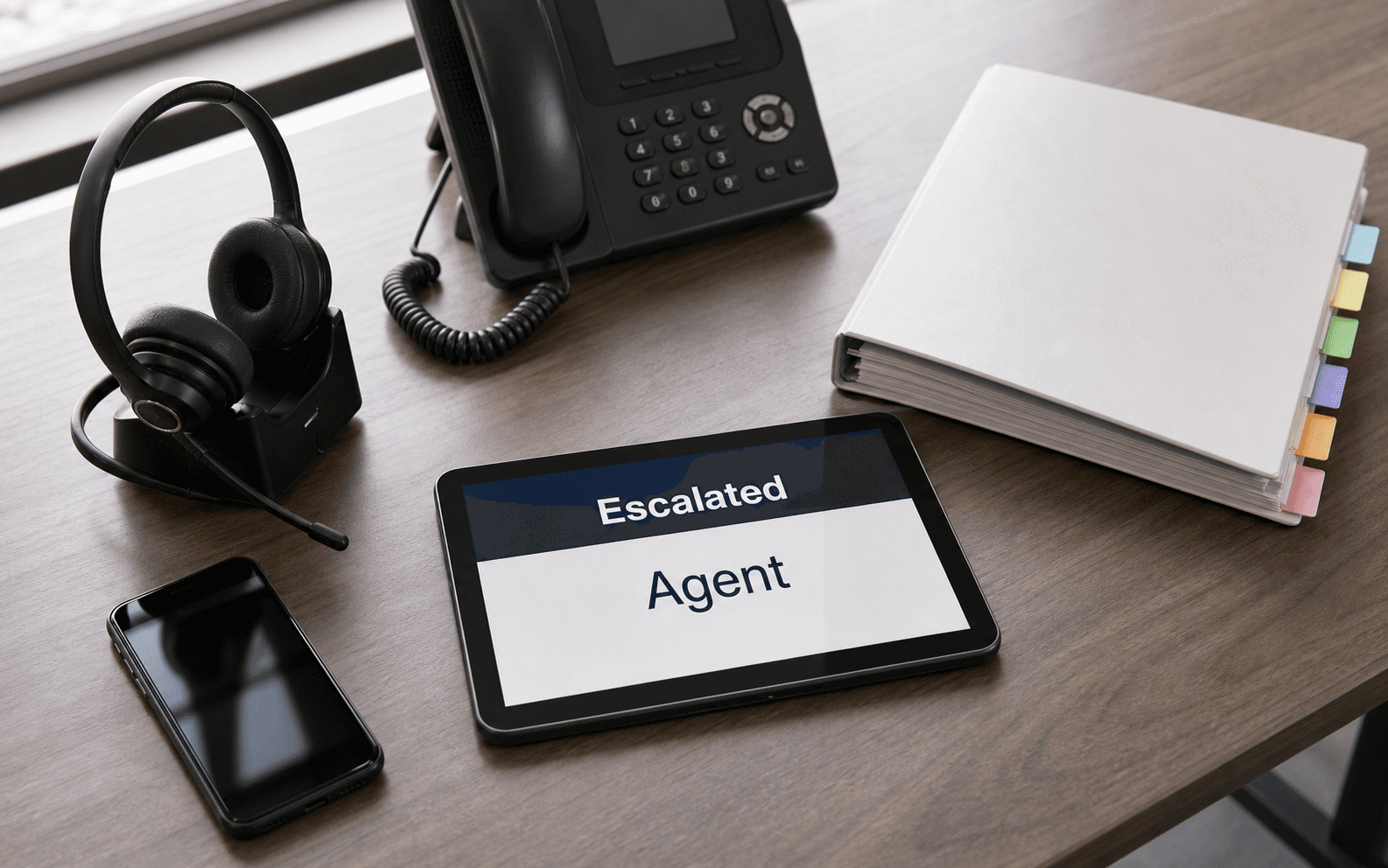 Customer support desk with headset, phone, reference binder and escalated agent handoff