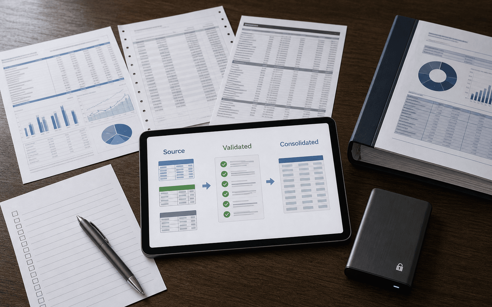 Financial reports being validated and consolidated into a single reporting pack