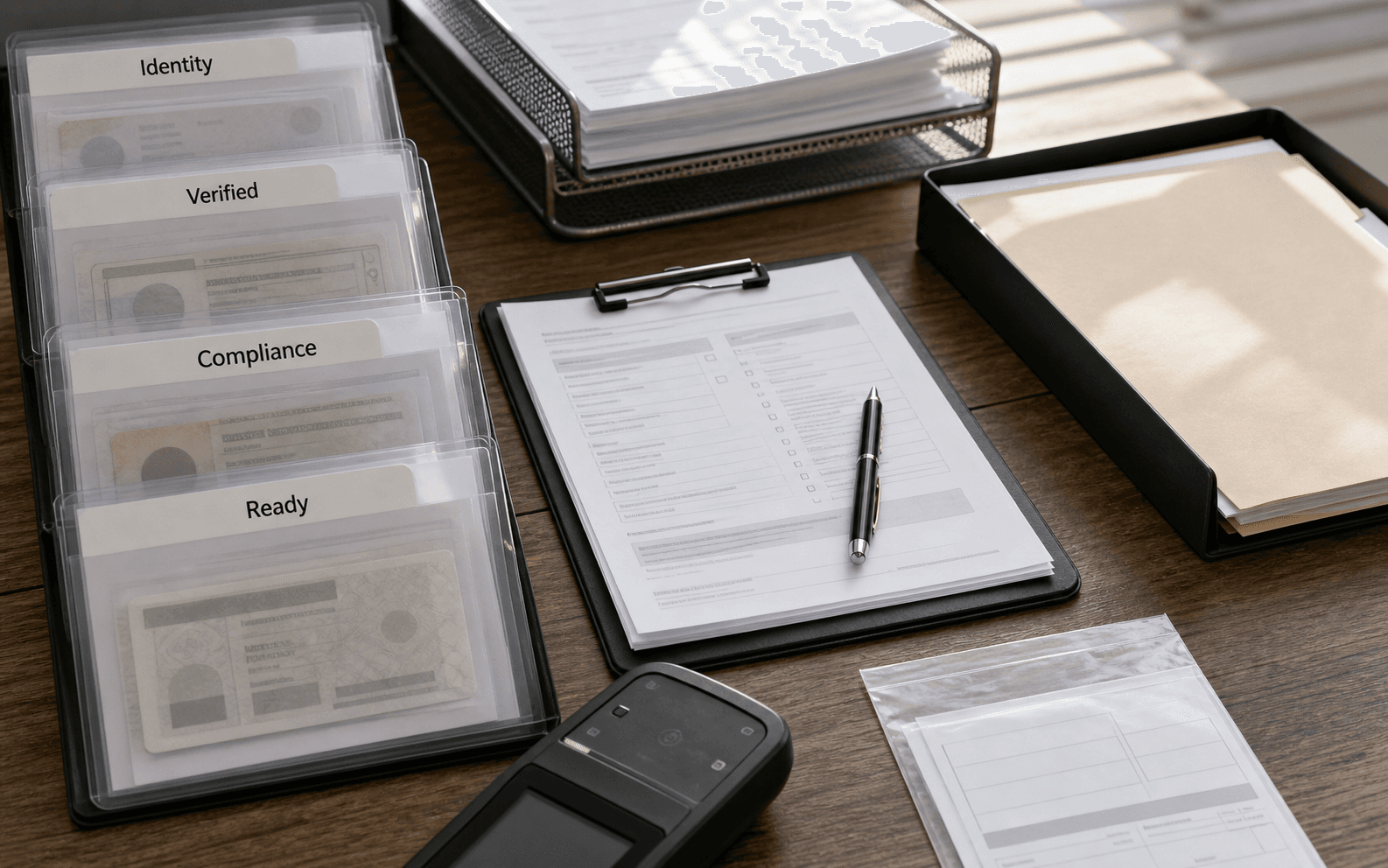 Financial services onboarding files moving through identity, verification, compliance and ready stages
