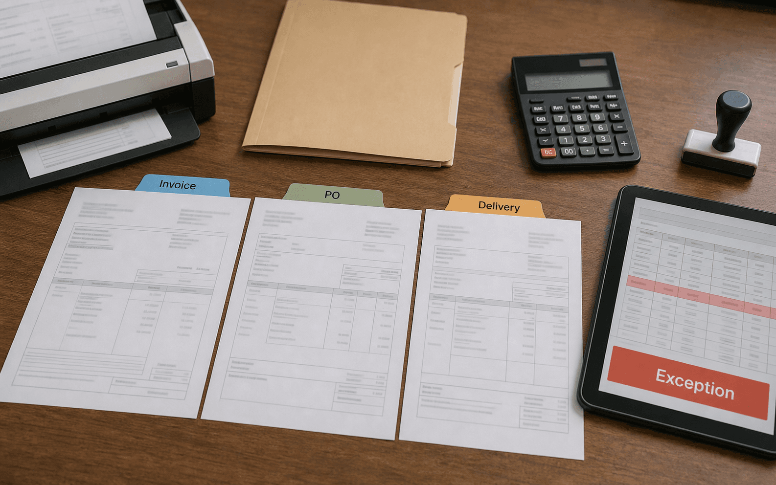 Invoice, purchase order and delivery docket arranged for three-way matching with an exception review