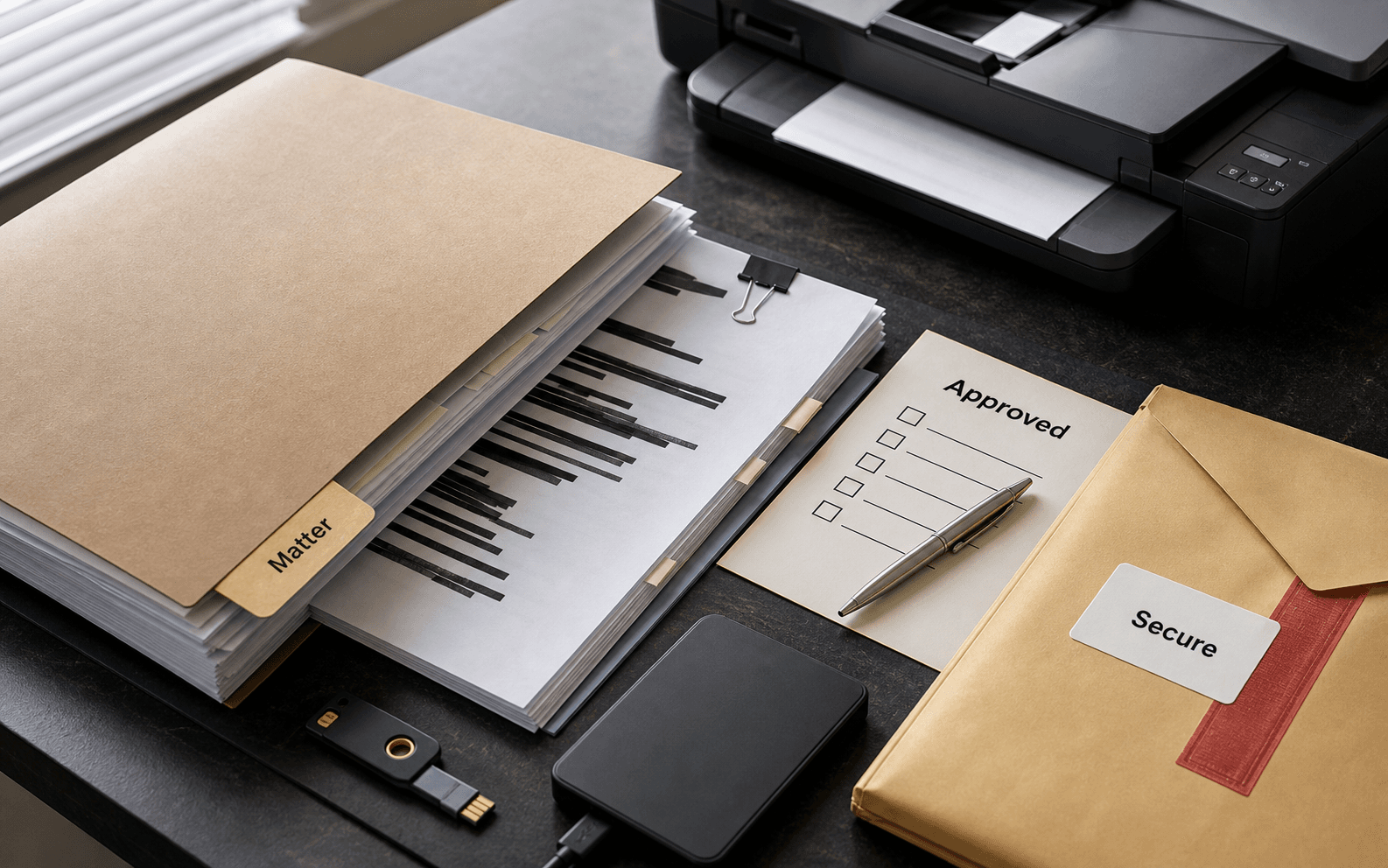 Legal matter file with redacted evidence, secure scanner, authentication key and approved dispatch envelope