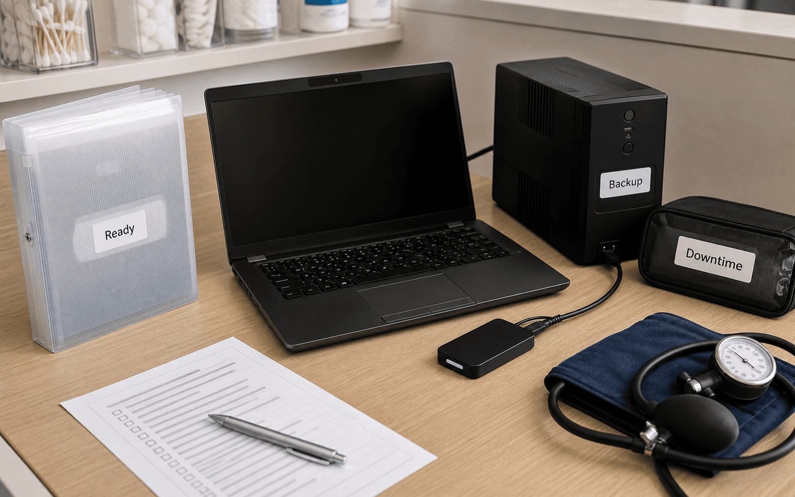 Medical practice continuity kit with secured laptop, backup power, recovery drive and blood pressure cuff