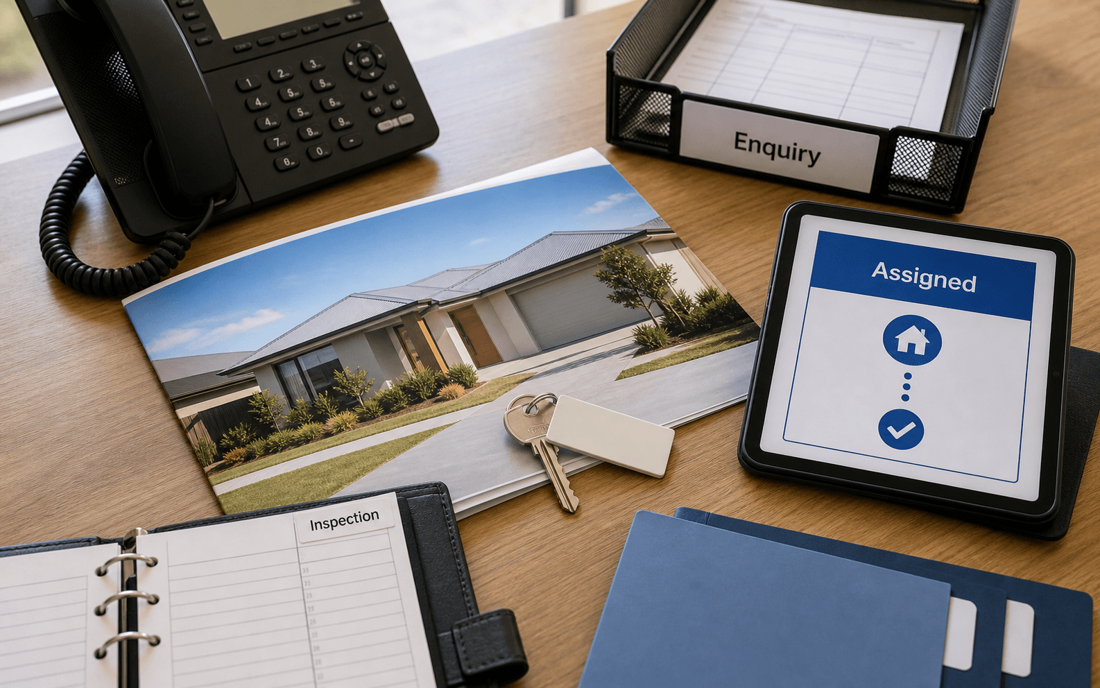 Real estate listing desk with property photograph, key, enquiry tray, inspection diary and assigned lead