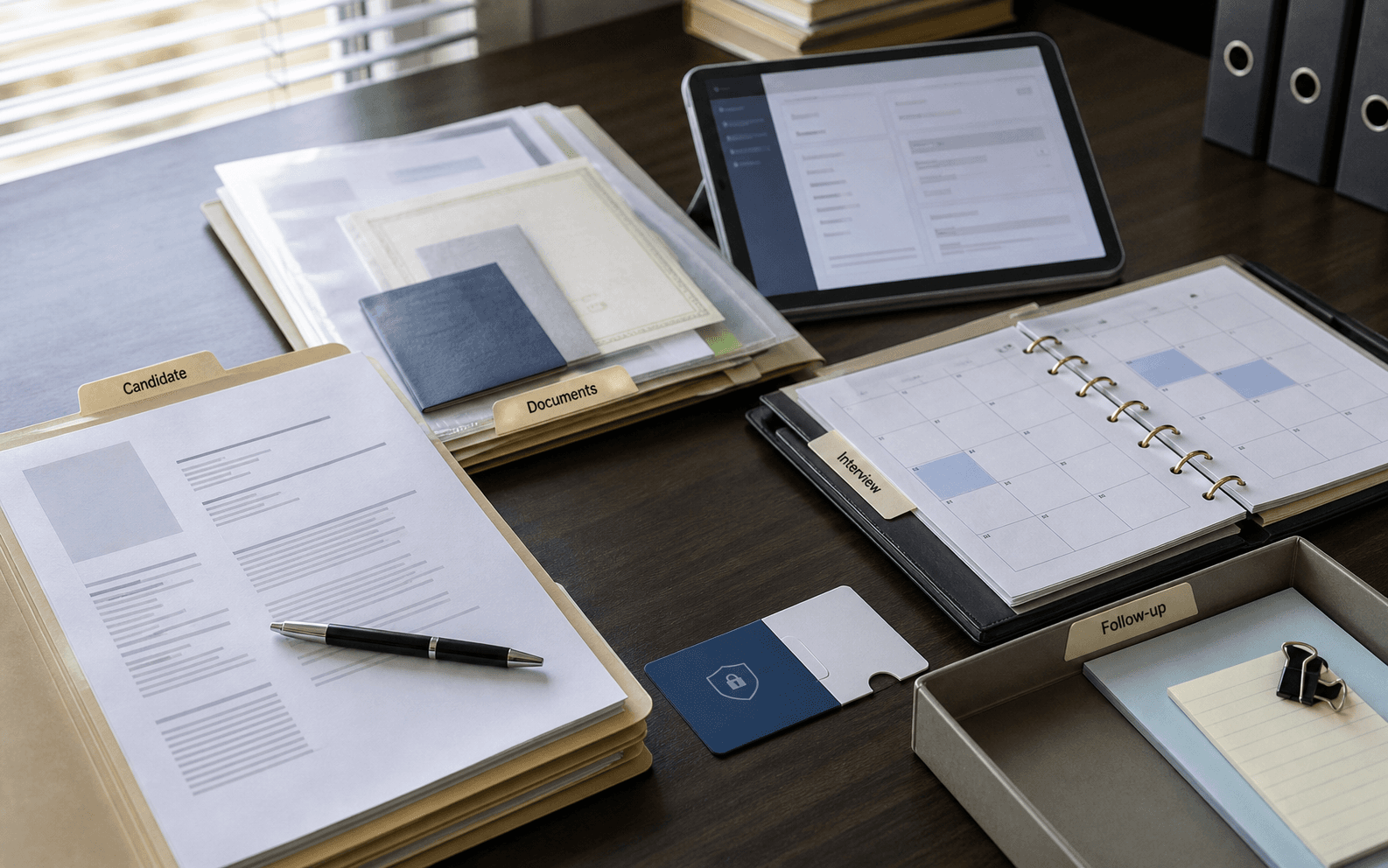 Recruitment desk with anonymised candidate file, document sleeves, interview calendar and follow-up tray