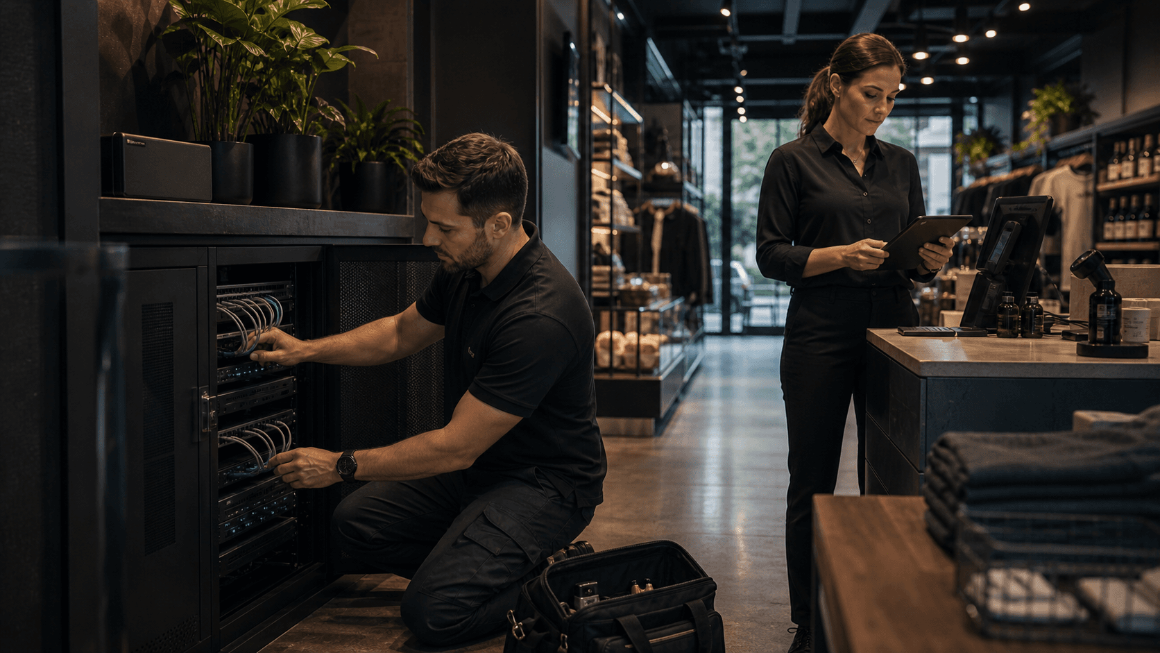 OnIT Solutions engineer installing IT infrastructure in a Sydney retail store