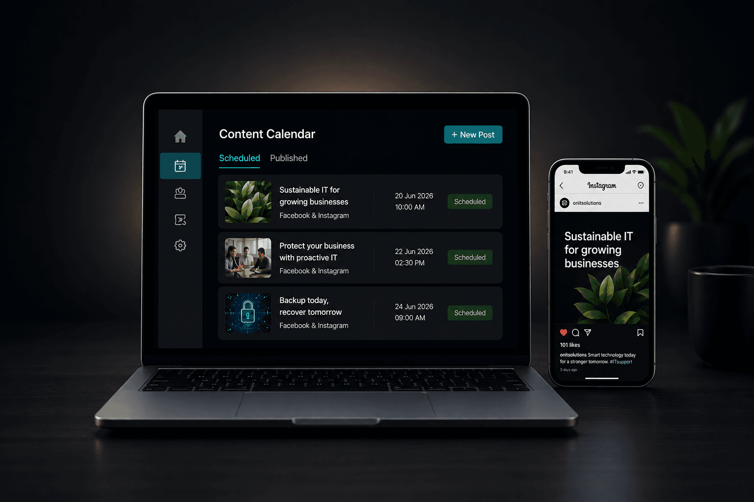 Content calendar dashboard showing scheduled Facebook and Instagram posts with approval status