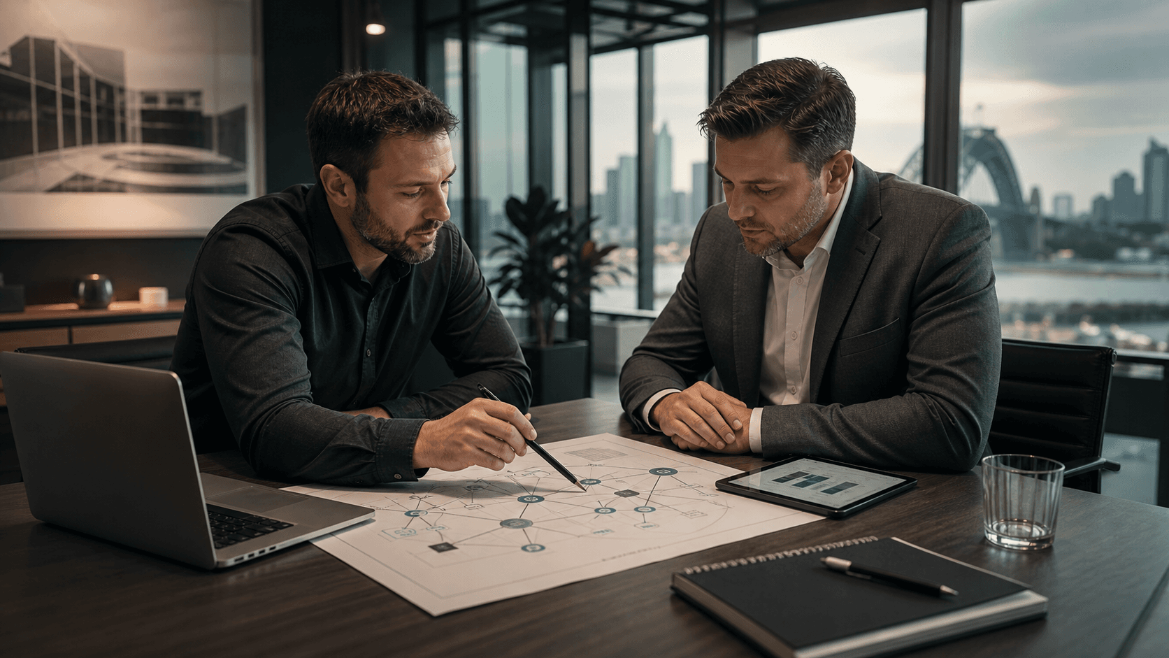 Two OnIT Solutions consultants reviewing a network diagram with Sydney Harbour Bridge visible