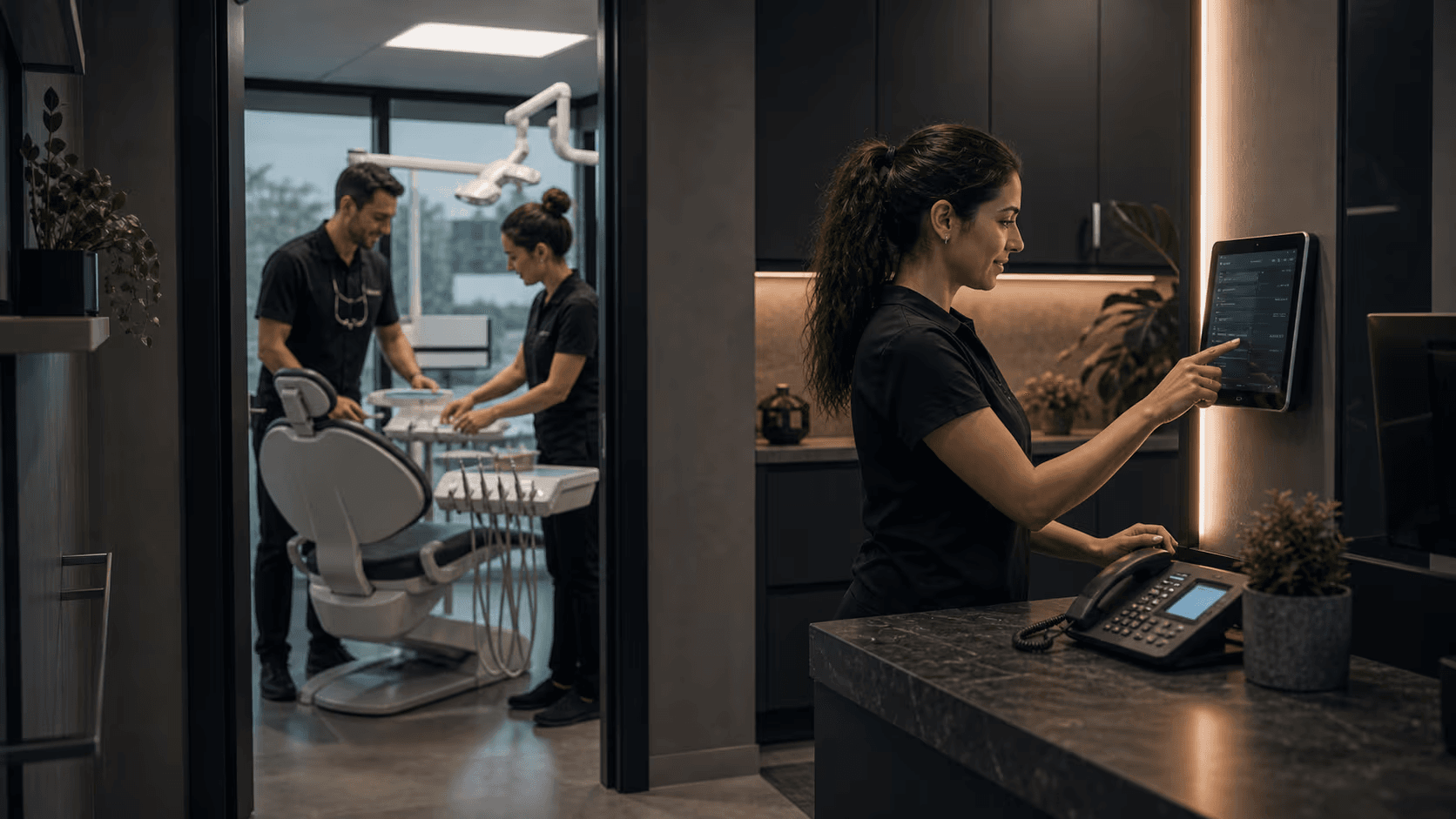 Clinic receptionist using voice agent tablet interface while dental team works in background