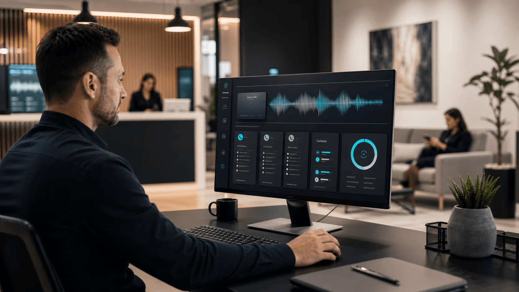 Business owner monitoring AI voice agent dashboard with call waveforms and analytics