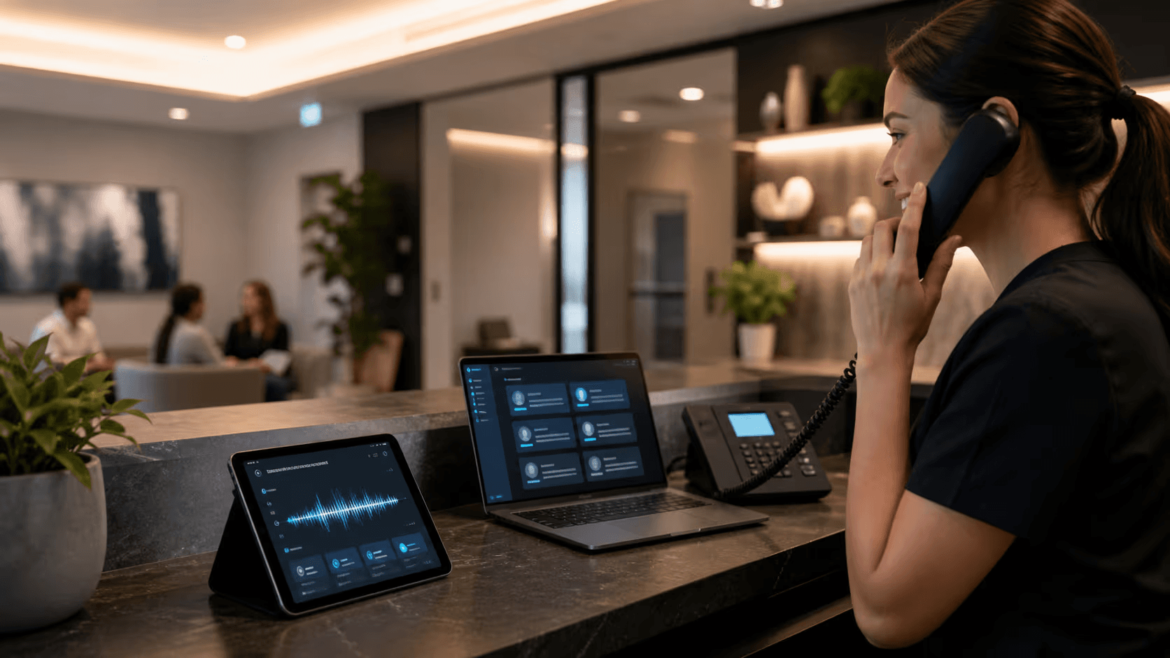 Receptionist using AI voice agent dashboard with call analytics and waveform display