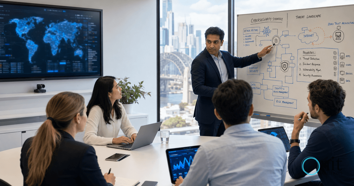 IT professionals in Sydney office strategizing on cybersecurity amidst global AI challenges.