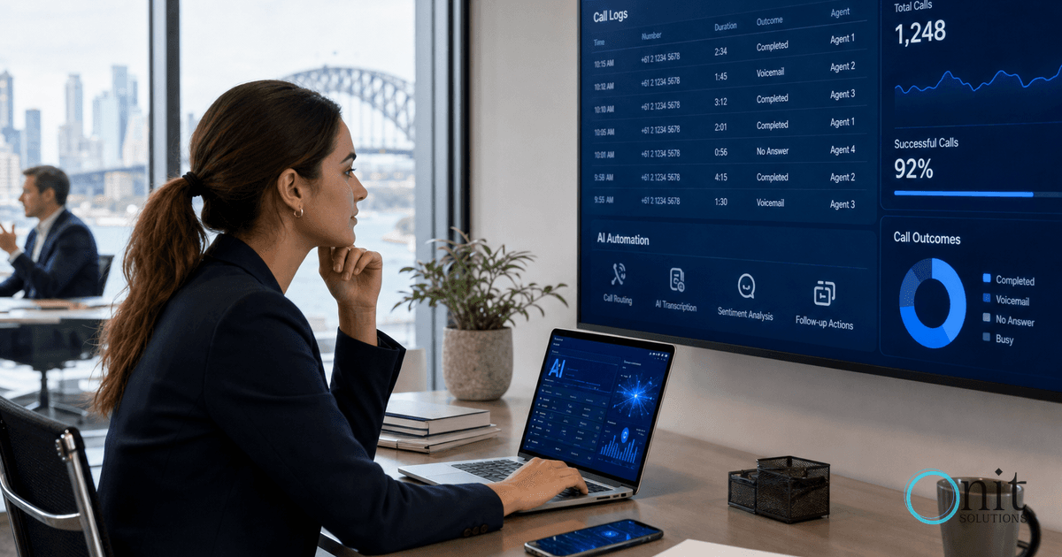 Businesswoman using AI automation in a modern Sydney office setting.