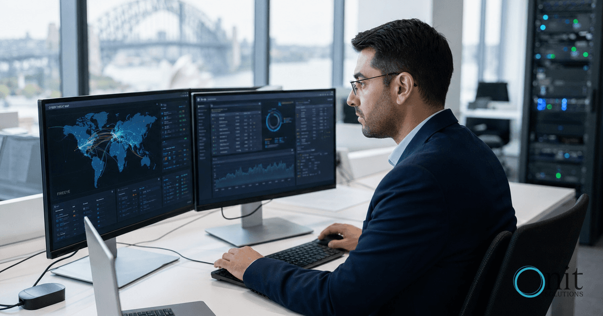 Cybersecurity expert analyzing threat data on dual monitors in modern office.