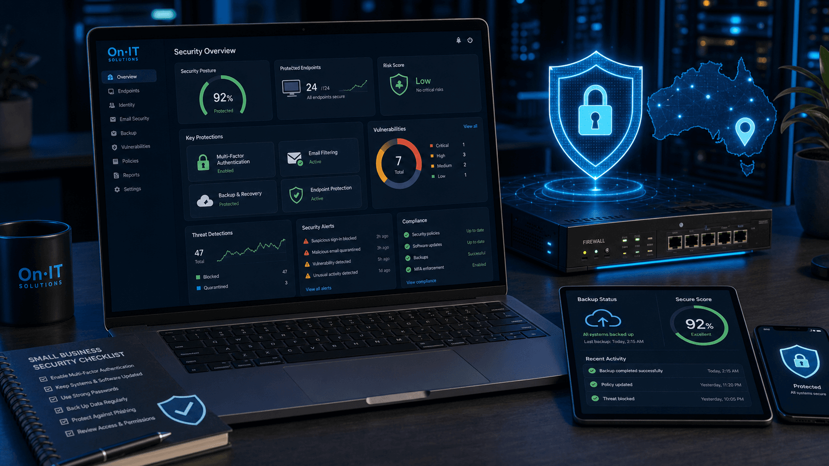 Small business cybersecurity dashboard with protected endpoints MFA and backups