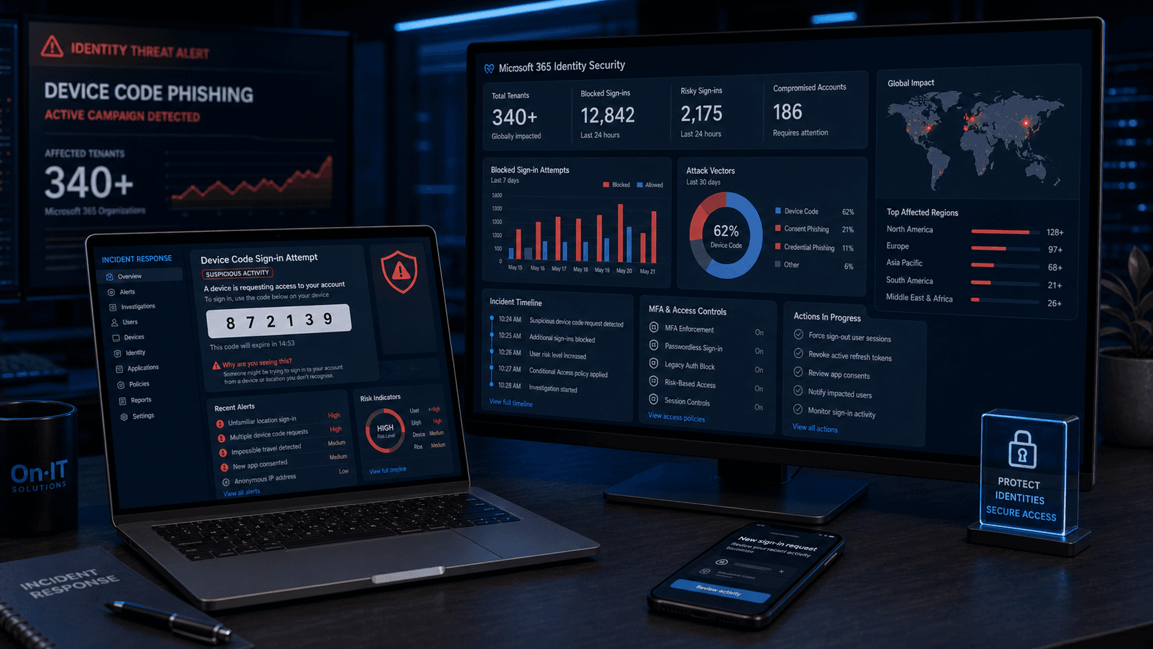 Microsoft 365 incident response dashboard for device code phishing attacks