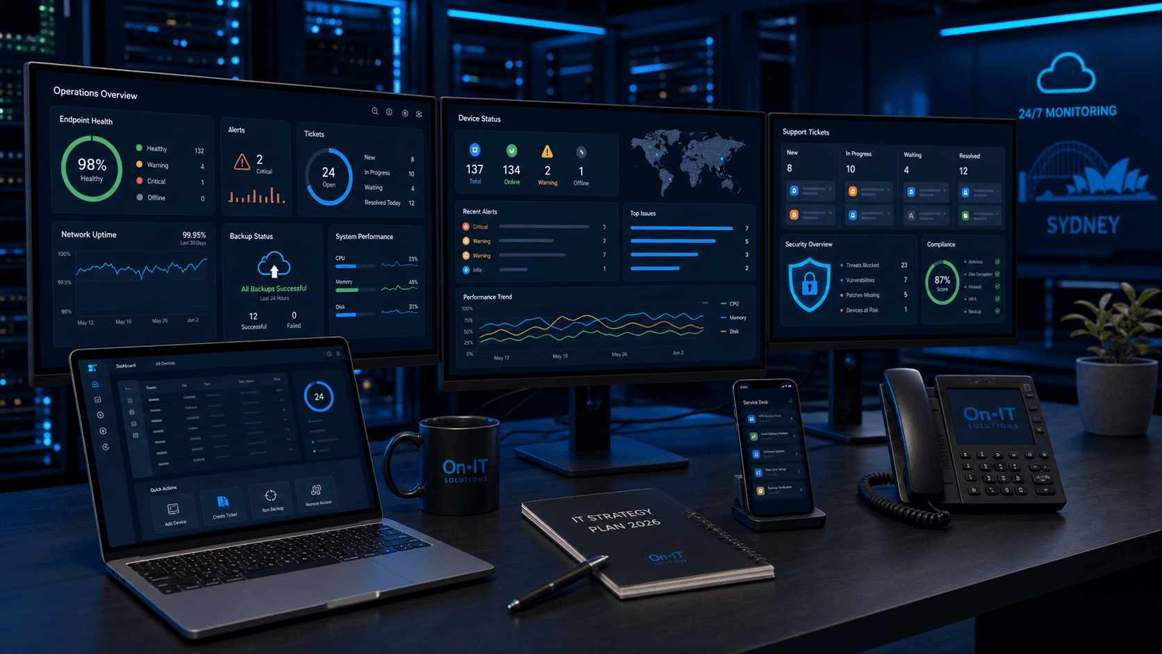 Managed IT services dashboard showing tickets backups endpoints and network uptime