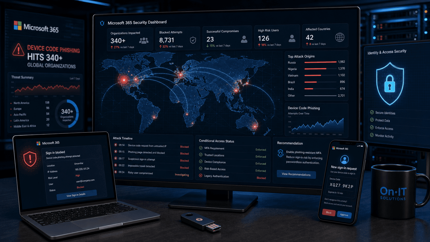 Global Microsoft 365 device code phishing dashboard with blocked sign ins