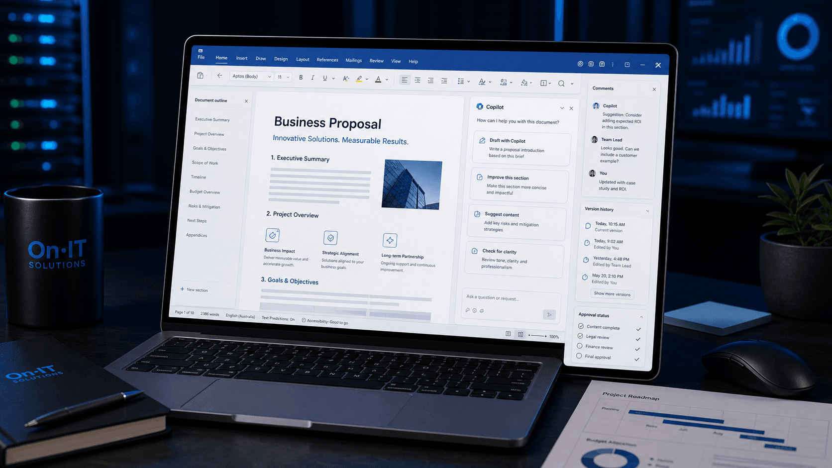 Microsoft Word business document workspace with AI drafting assistant