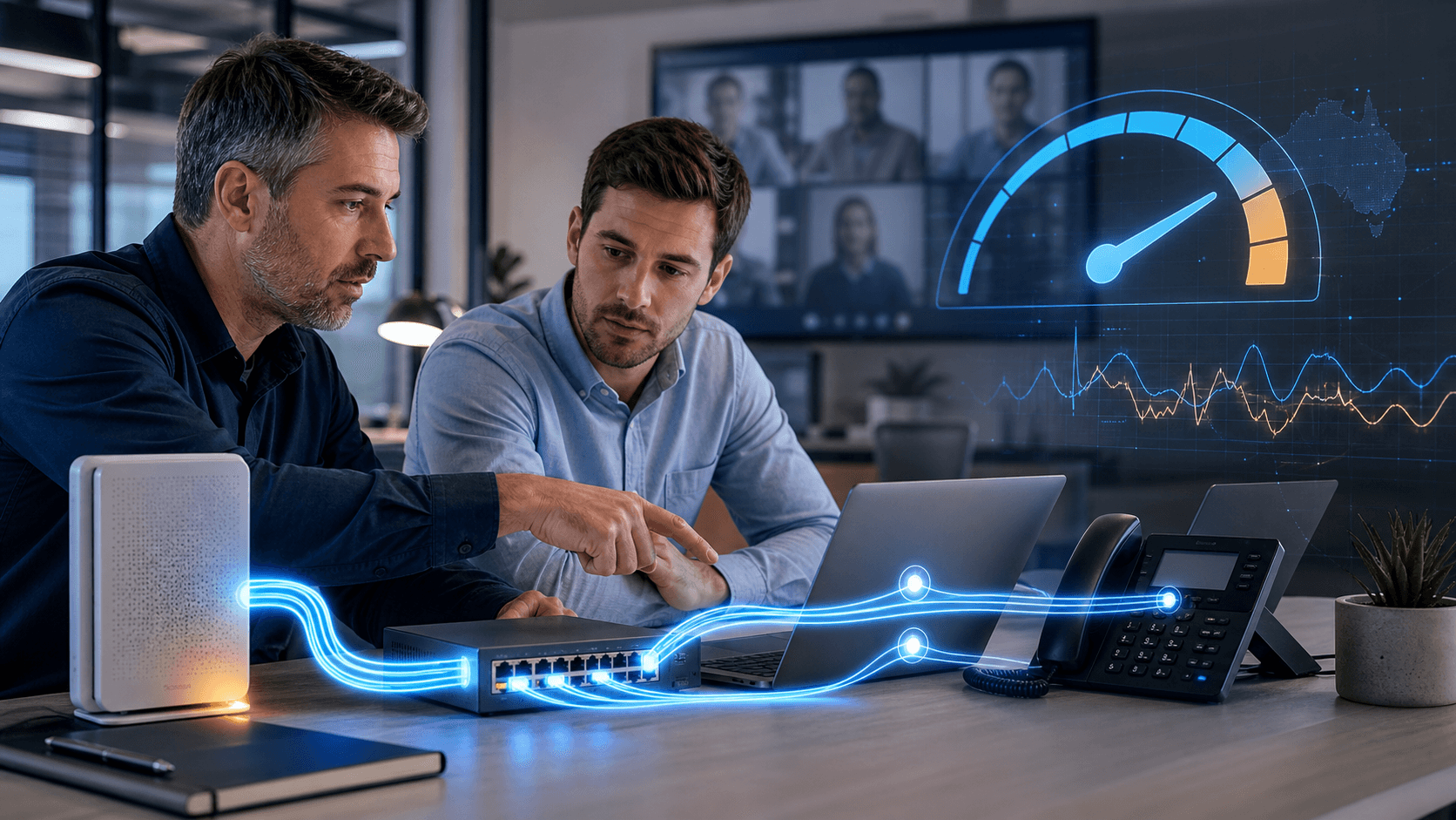 IT technician troubleshooting NBN speed and latency in a small business