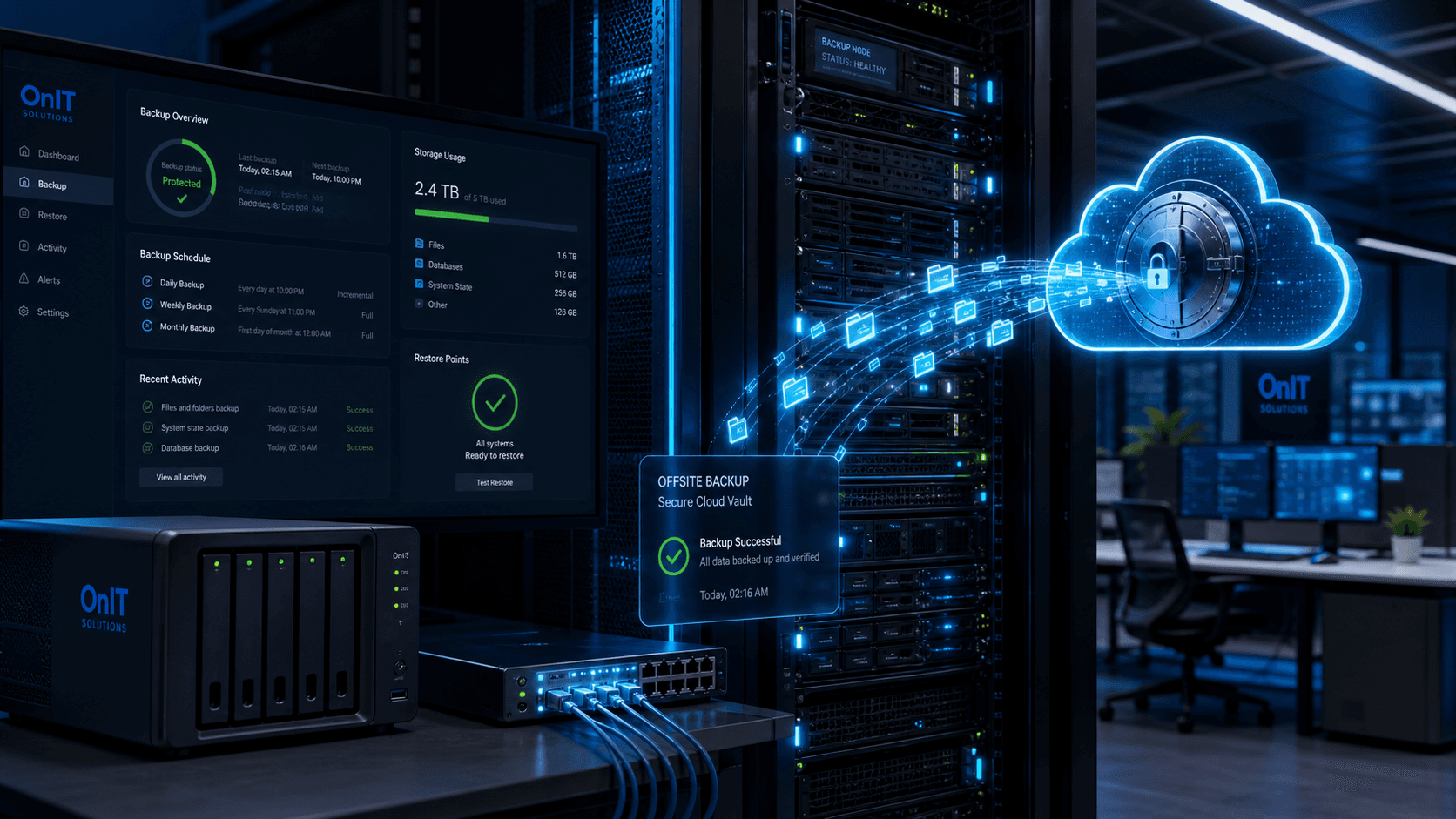 Small business server backup dashboard sending encrypted data to offsite cloud storage