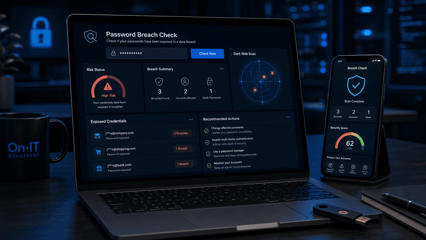 Password breach check dashboard with exposed credential alerts and remediation controls