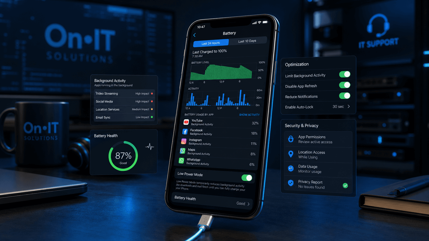 Mobile battery usage dashboard showing app drain and optimisation controls