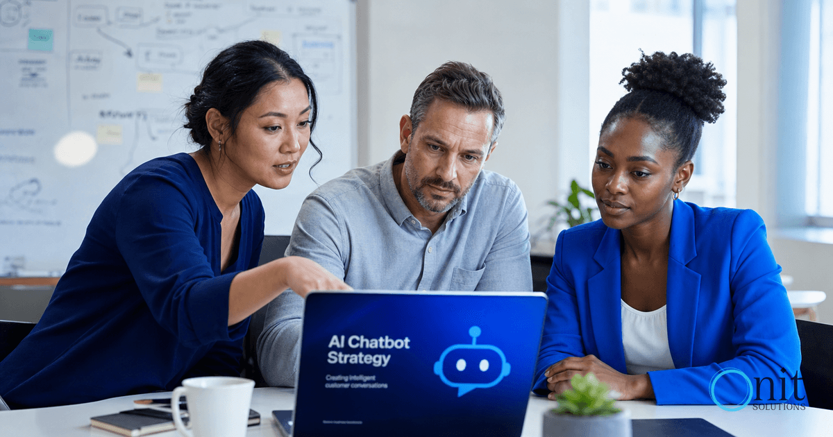 Diverse team collaborating on AI chatbot setup in modern Sydney office