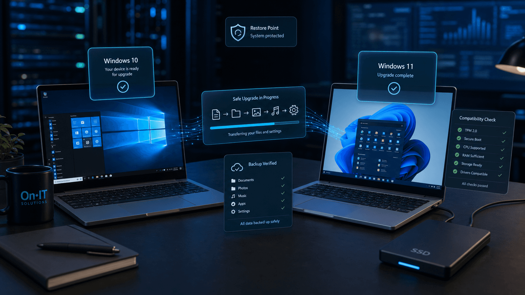 Safe Windows 10 to Windows 11 migration workspace with backup verification
