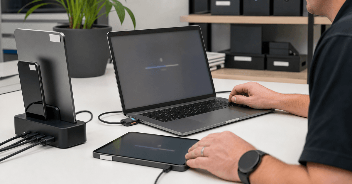 IT support workstation with Apple business devices connected for security updates and patch management.