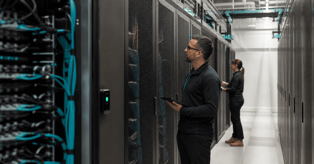 Modern data centre server racks representing secure cloud infrastructure and Australian digital resilience for SMBs.
