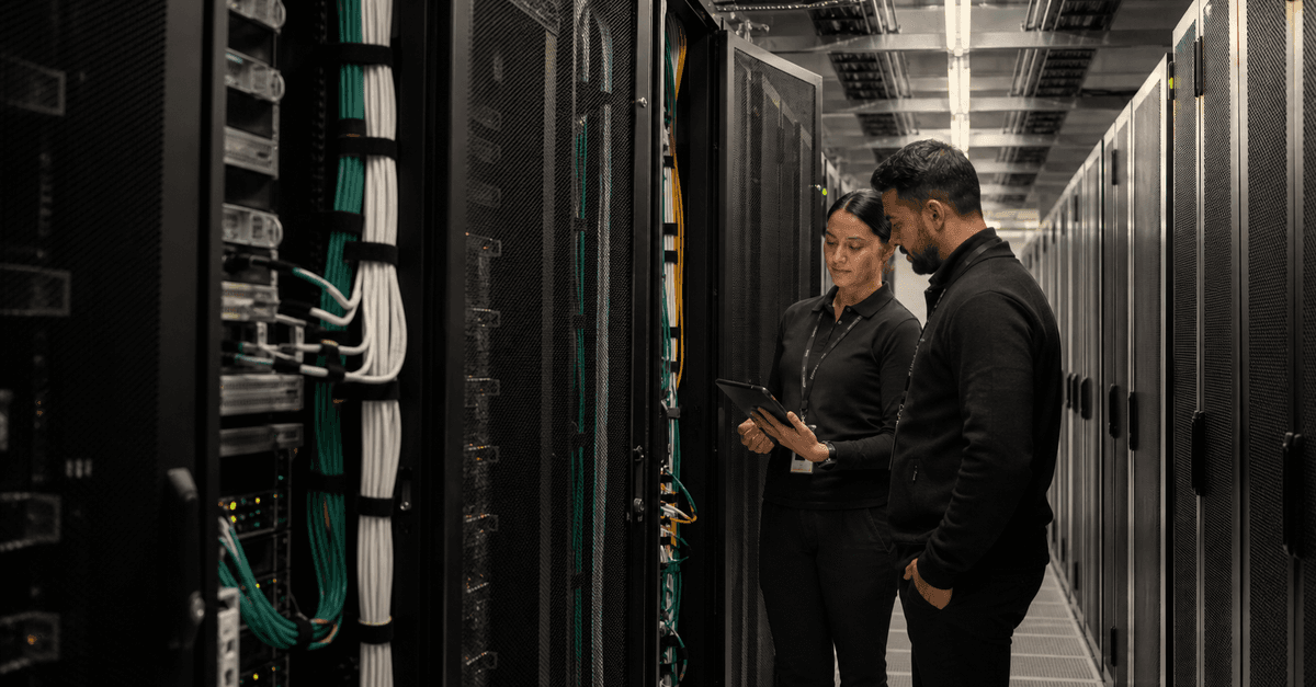Modern secure data centre server racks representing cloud infrastructure resilience and cybersecurity readiness for Australian businesses.