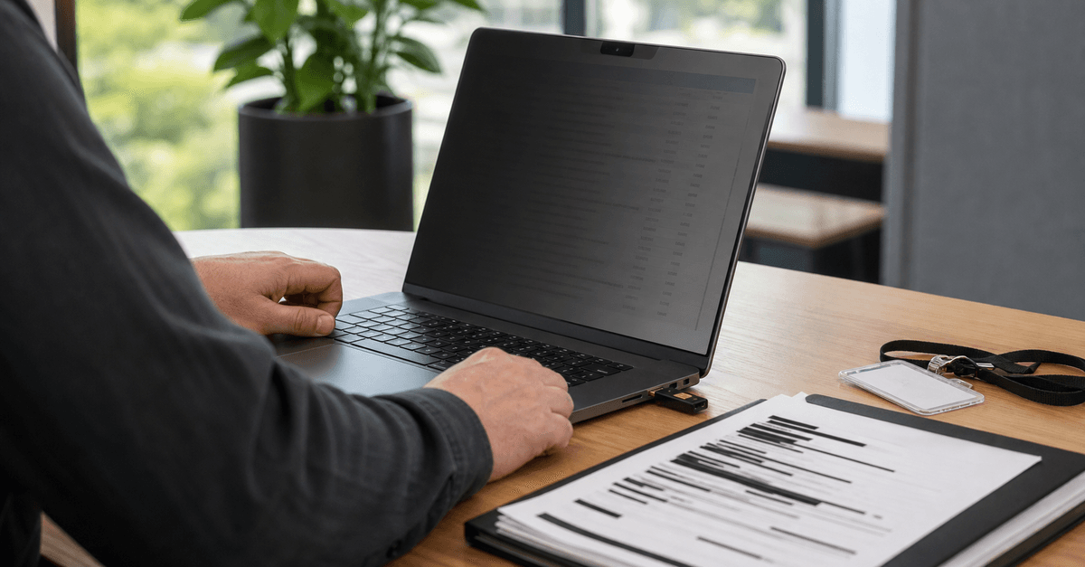 Privacy and security review workstation showing redacted search data records and secure access controls.