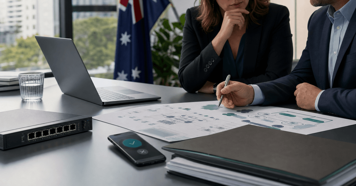 Cybersecurity planning workspace with a laptop, phone approval screen, network device and policy documents for Australian digital resilience.