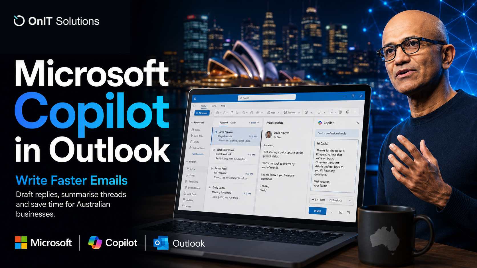 Microsoft Outlook email compose workspace with AI writing assistant