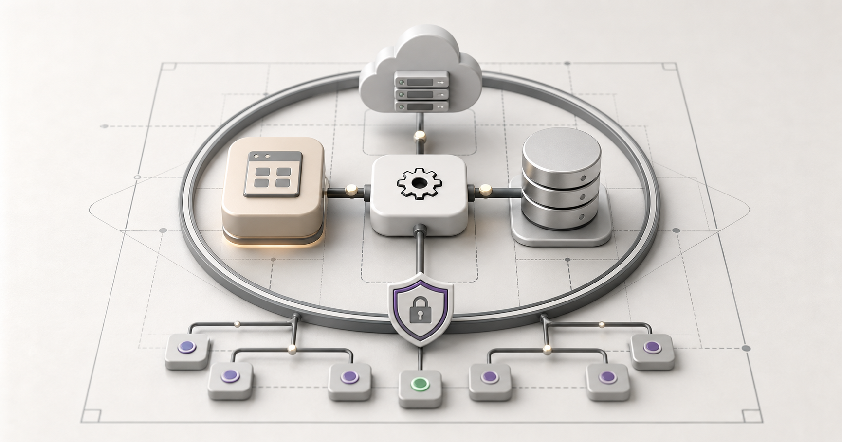 System architecture blueprint dashboard with connected services and databases