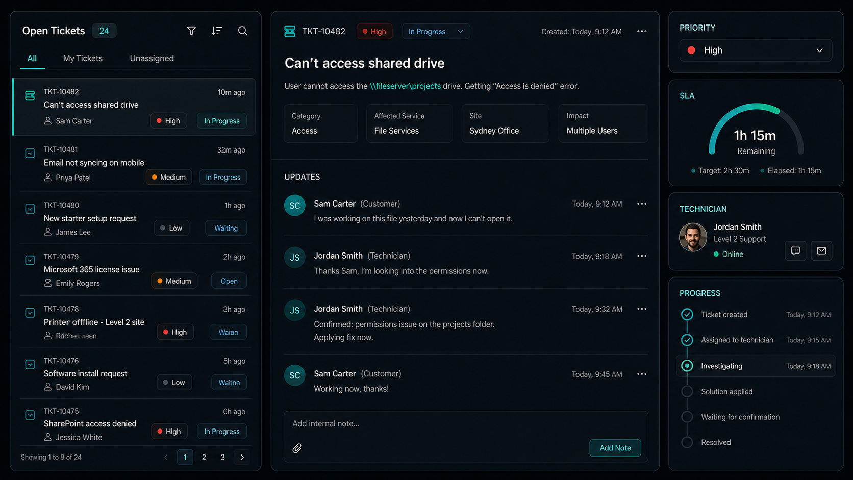 IT support ticketing interface
